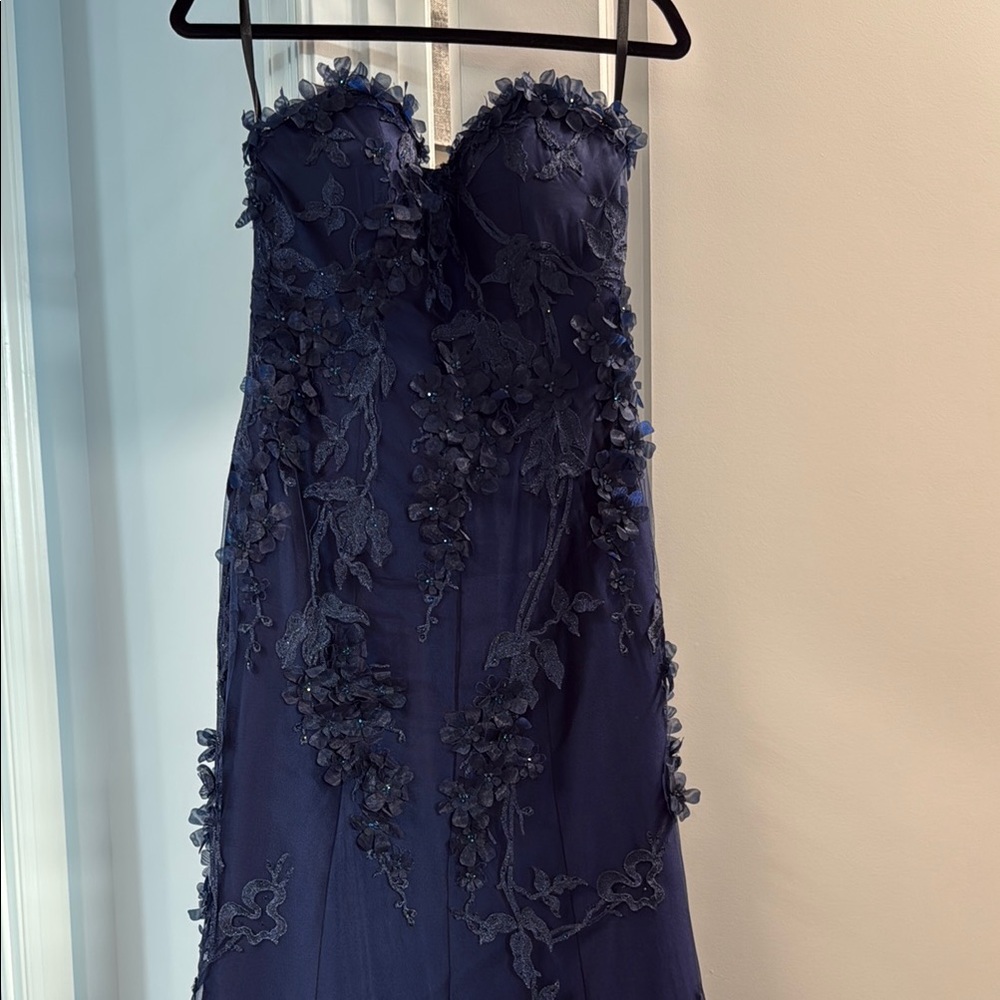 Embellished Navy Blue Strapless Gown